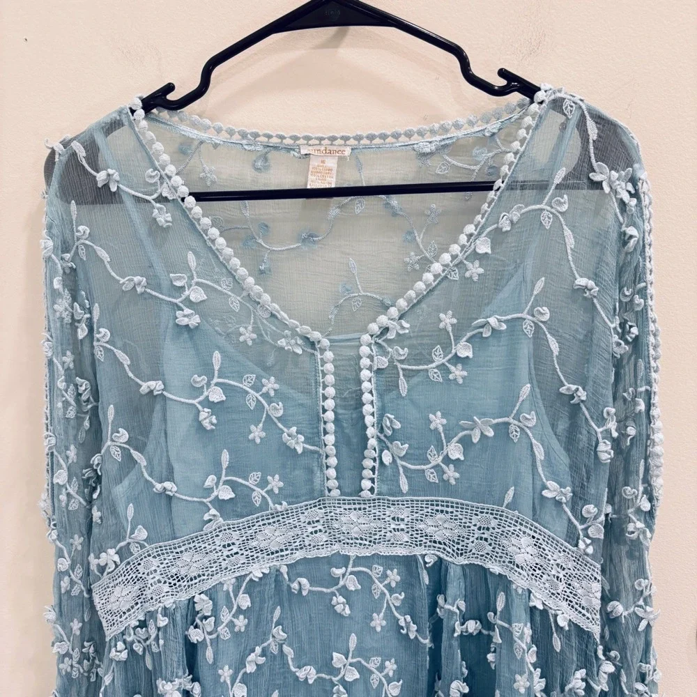 Sundance Blue Embroidered Mesh Lace Empire Waist Dress Sz 16 Boho Cottagecore - Picture 4 of 12